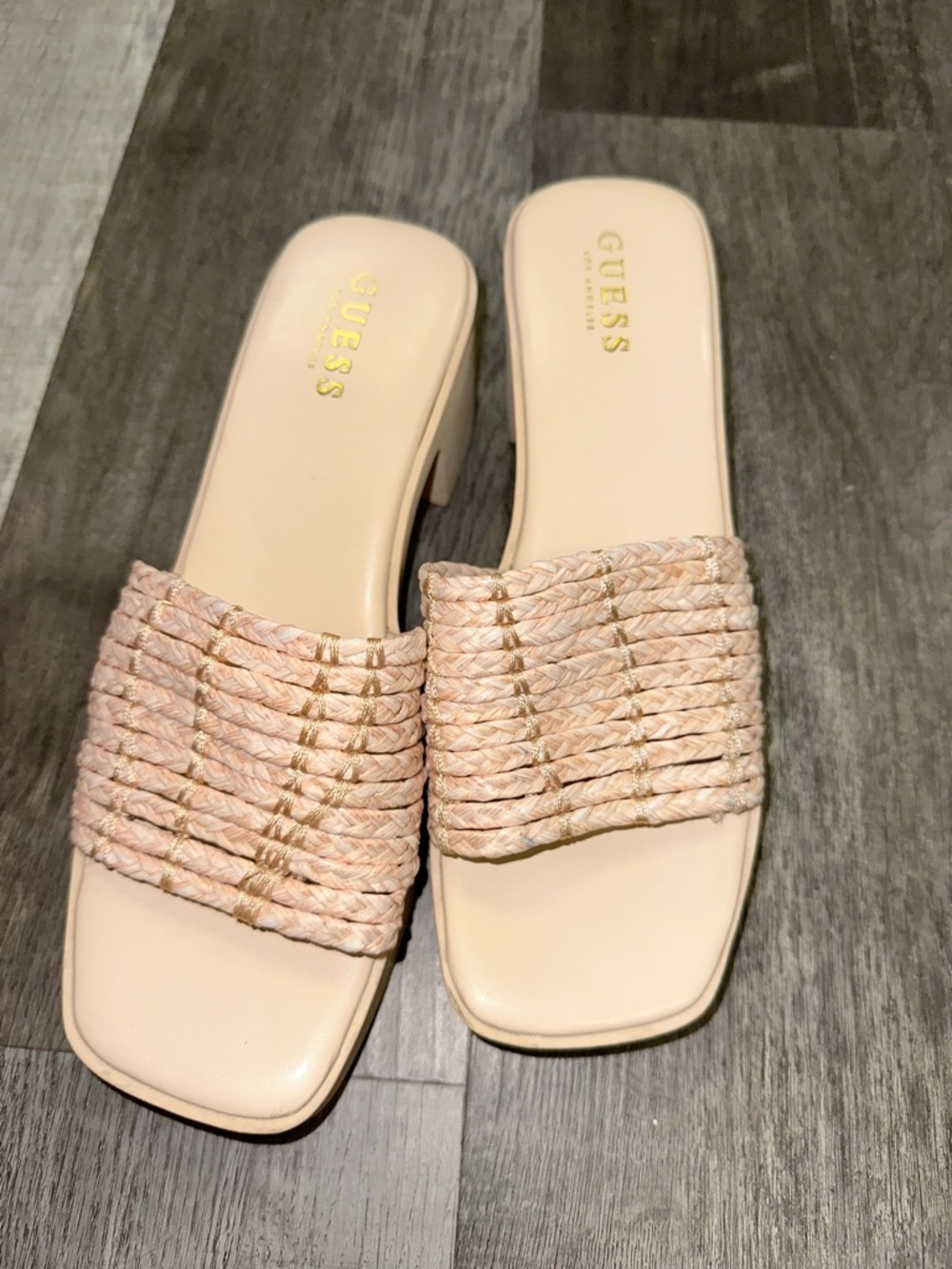 Guess Platform Slide Sandals Nude Raffia Woven Block Heel Women’s 9M